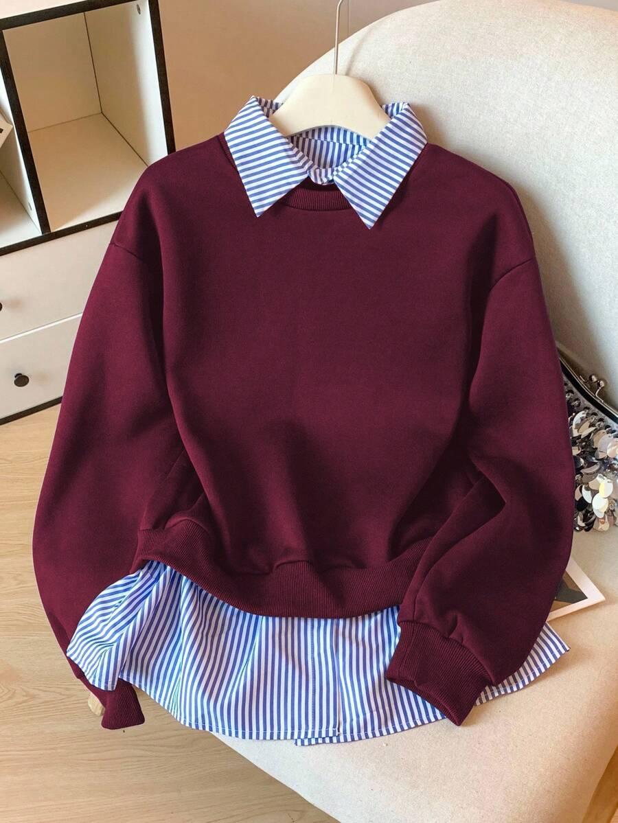 BORDOWA BLUZA WSTAWKA KOŁNIERZYK