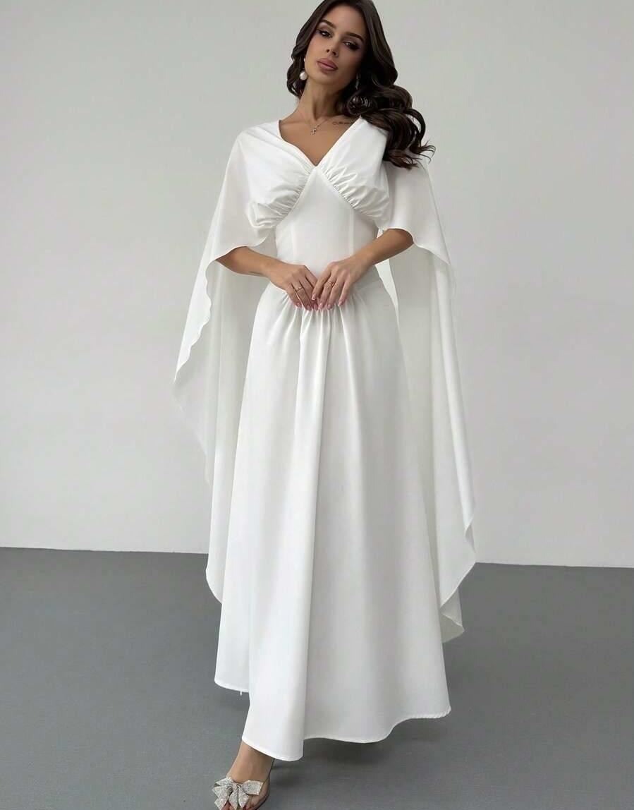 biała maxi sukienka v neck