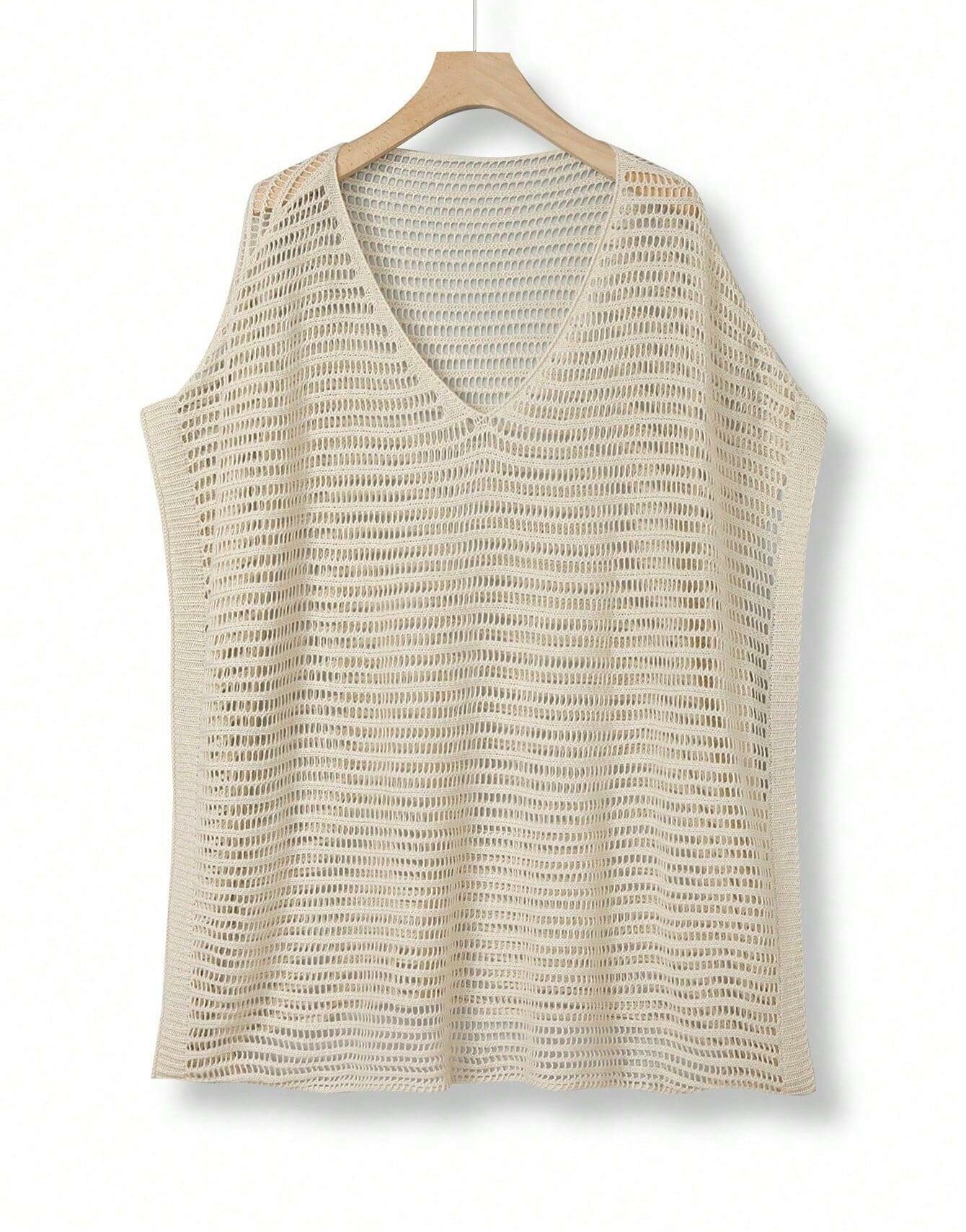 szydełkowy beżowy top v neck