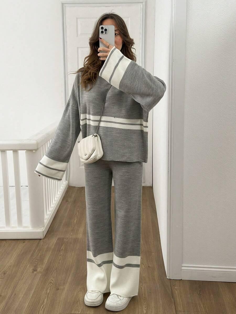 DZIANINOWY KOMPLET SWETER SPODNIE 