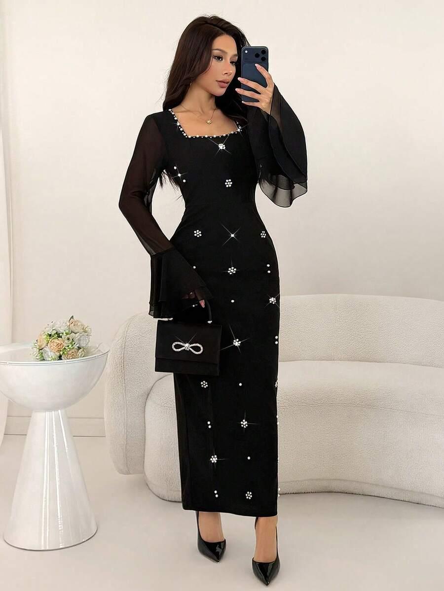 czarna maxi sukienka zdobienie 
