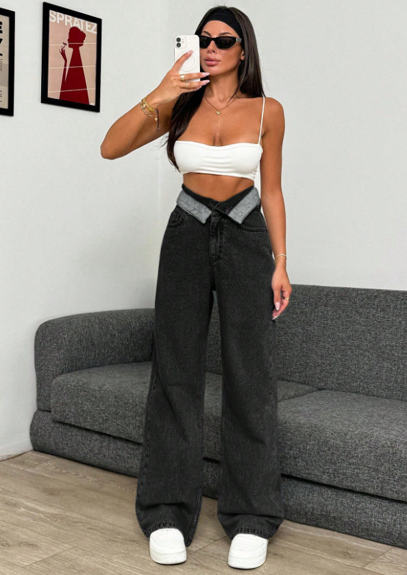 CZARNE SPODNIE JEANS kontrast 
