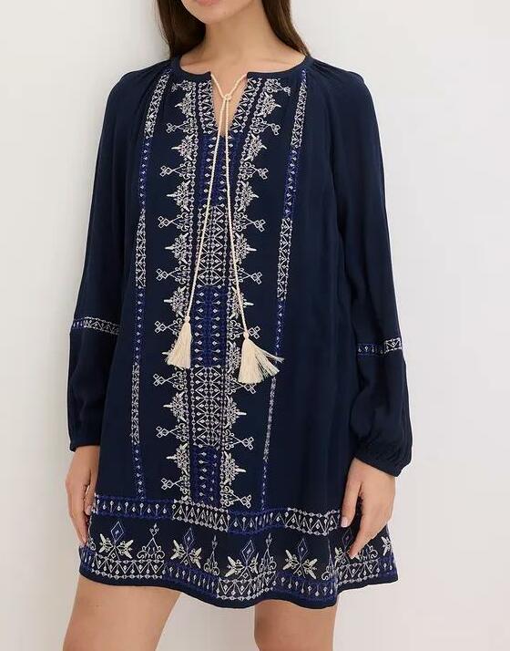 SUKIENKA BOHO WIĄZANY DEKOLT MINI WISKOZA GRANATOWA