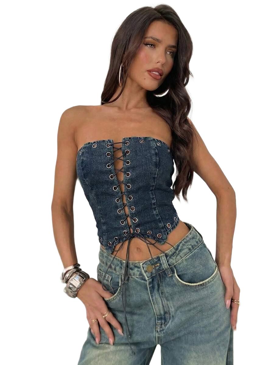 TOP DAMSKI JEANSOWY WIĄZANY