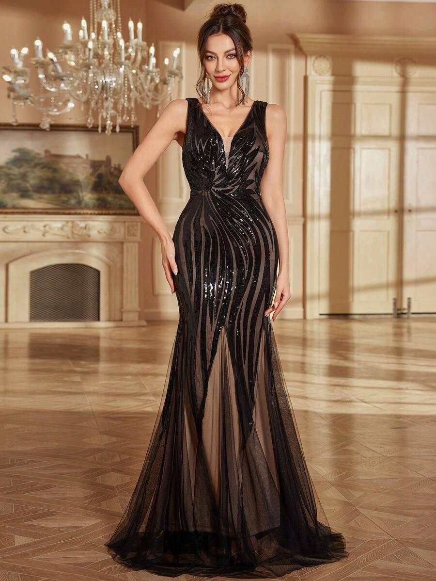 CZARNA MAXI SUKIENKA CEKINY 