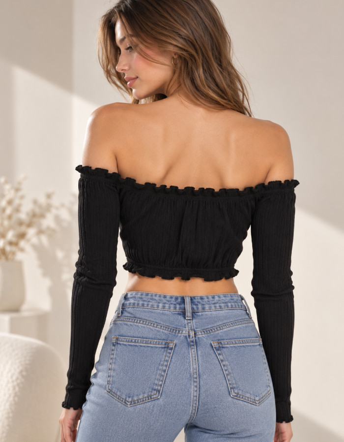 dzianinowy czarny crop top prążki odkryte ramiona