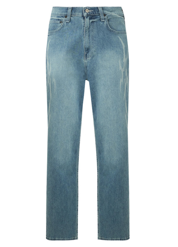 niebieskie spodnie jeans nadruk zamek kieszenie