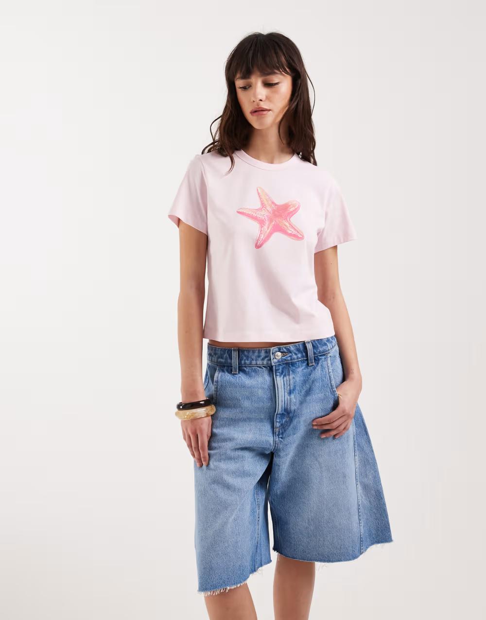 różowy t-shirt z krótkim rękawem nadruk rozgwiazda