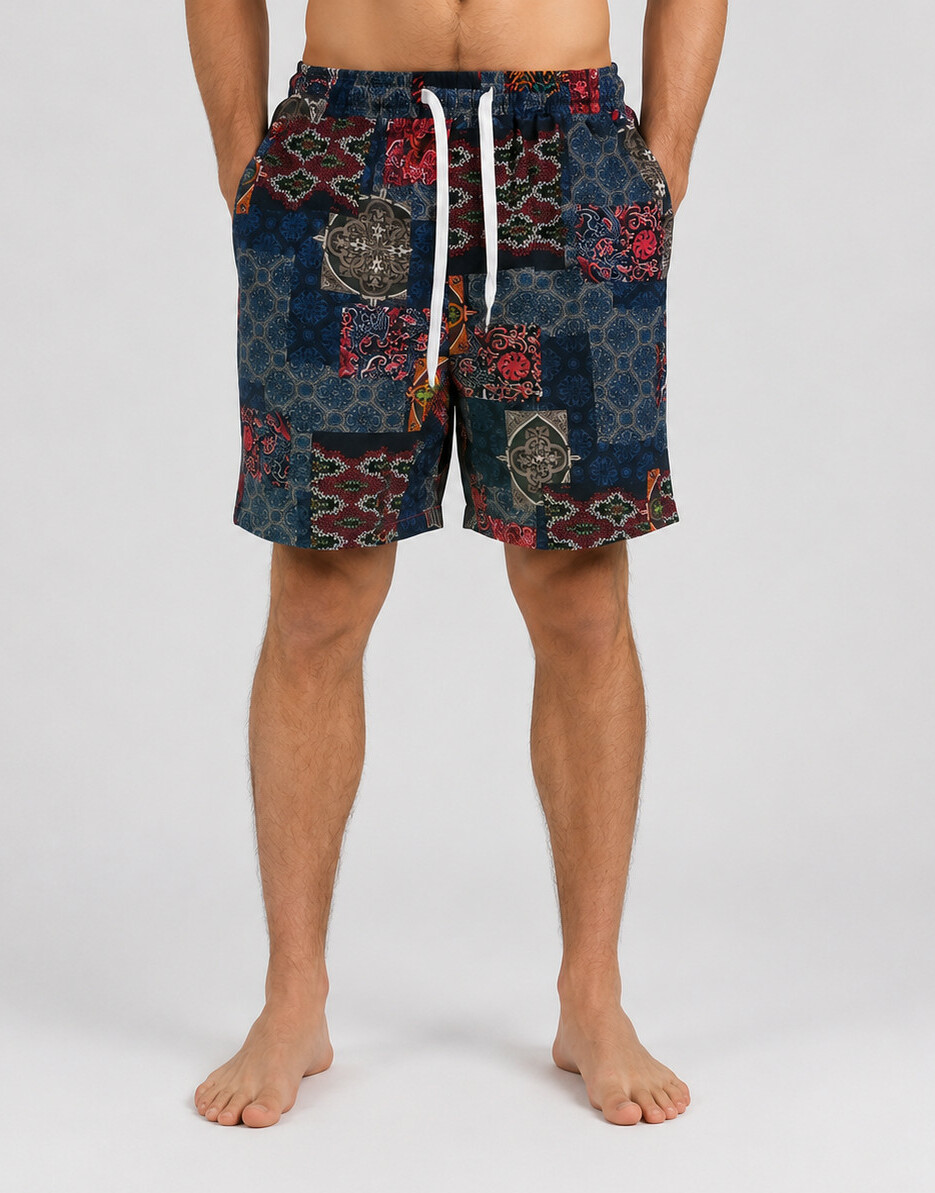 krótkie spodenki patchwork wzór wiązanie