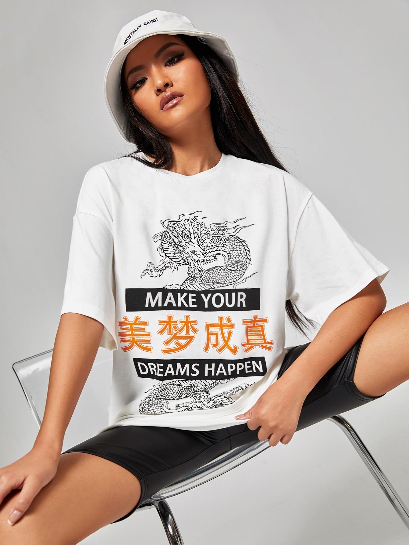 BIAŁY T-SHIRT NADRUK OVERSIZE
