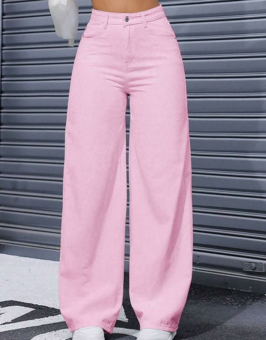 różowe spodnie jeans wysoki stan szeroka nogawka