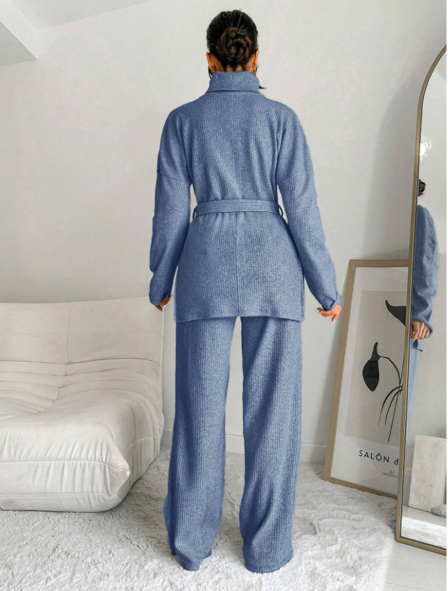 NIEBIESKI KOMPLET SWETER SPODNIE 