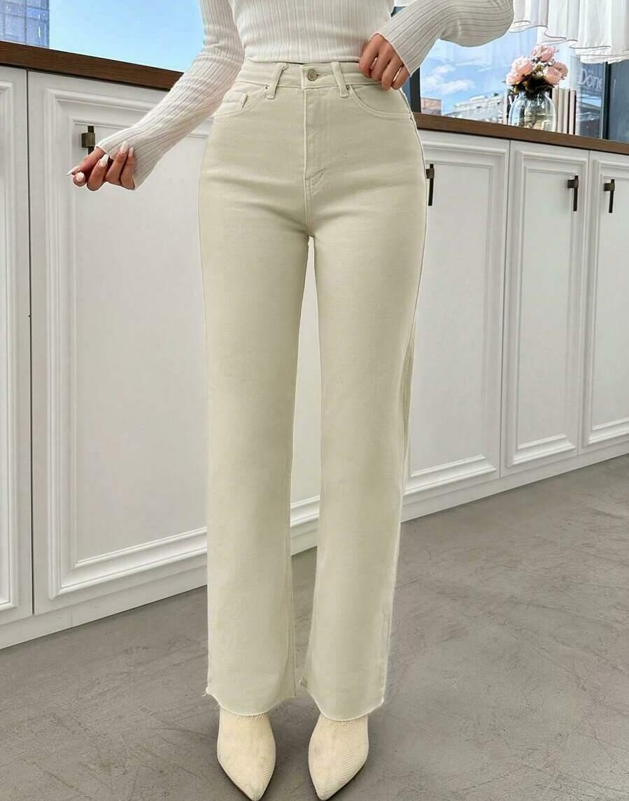 BEŻOWE PROSTE SPODNIE Z WYSOKIM STANEM JEANS ZAMEK
