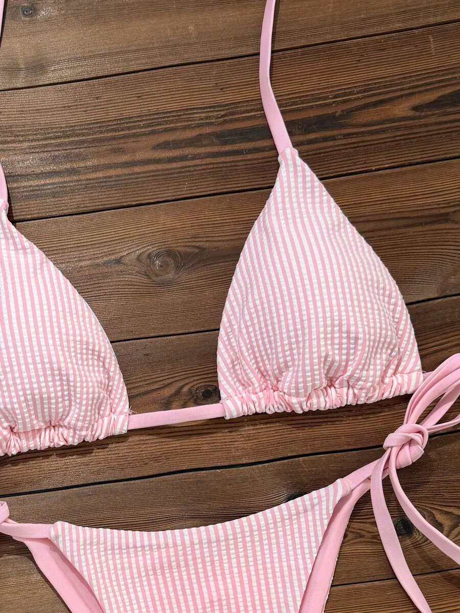 różowa góra od bikini w paski