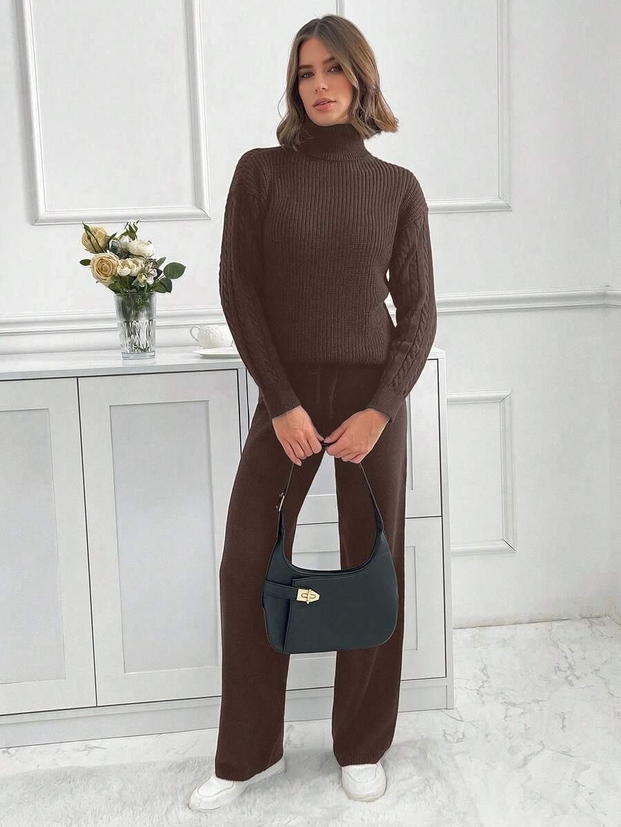 brązowy dzianinowy sweter spodnie komplet 