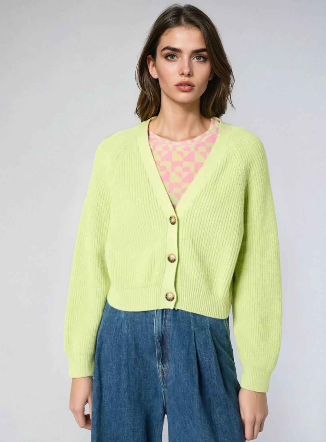 ZIELONY SWETER KARDIGAN GUZIKI V-NECK