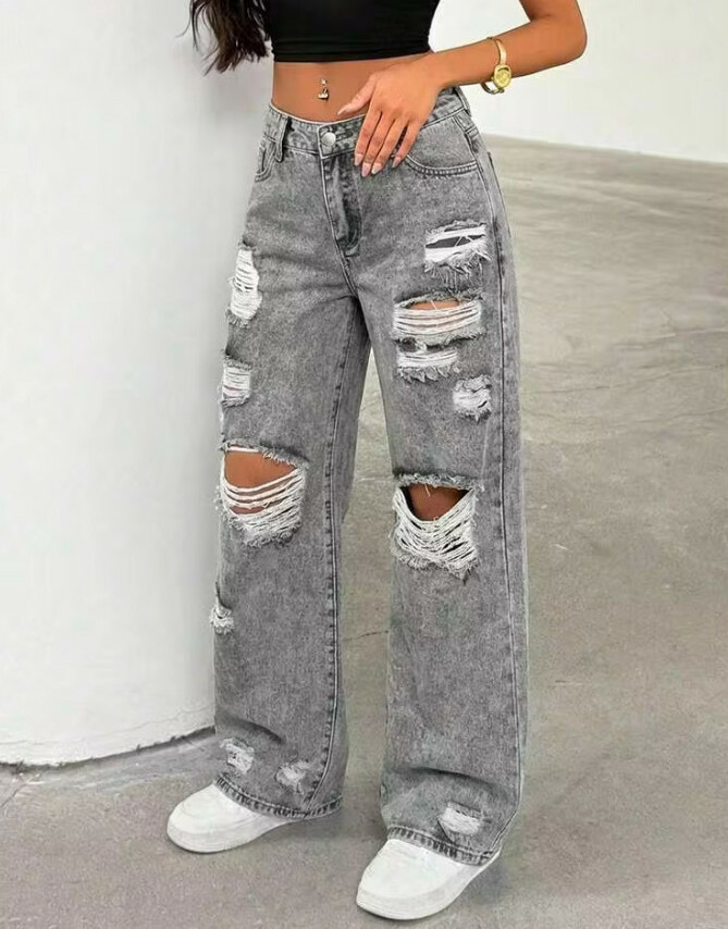 szare spodnie jeans dziury
