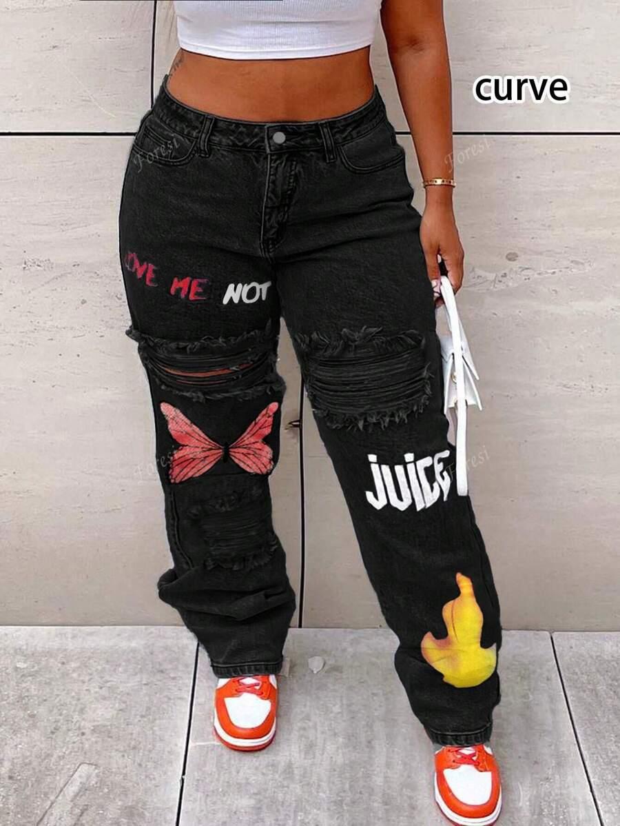 CZARNE SPODNIE JEANS PRINT