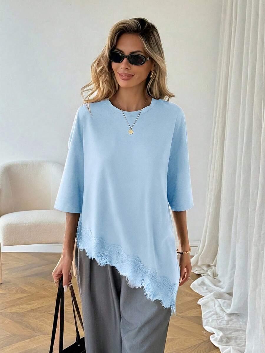 niebieska bluzka koronka