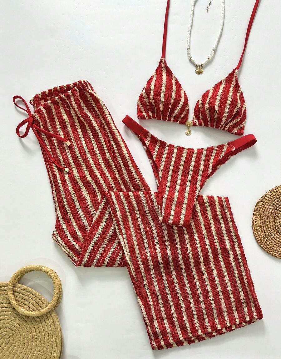 3-CZĘŚCIOWY KOMPLET PLAŻOWY BIKINI SPODNIE