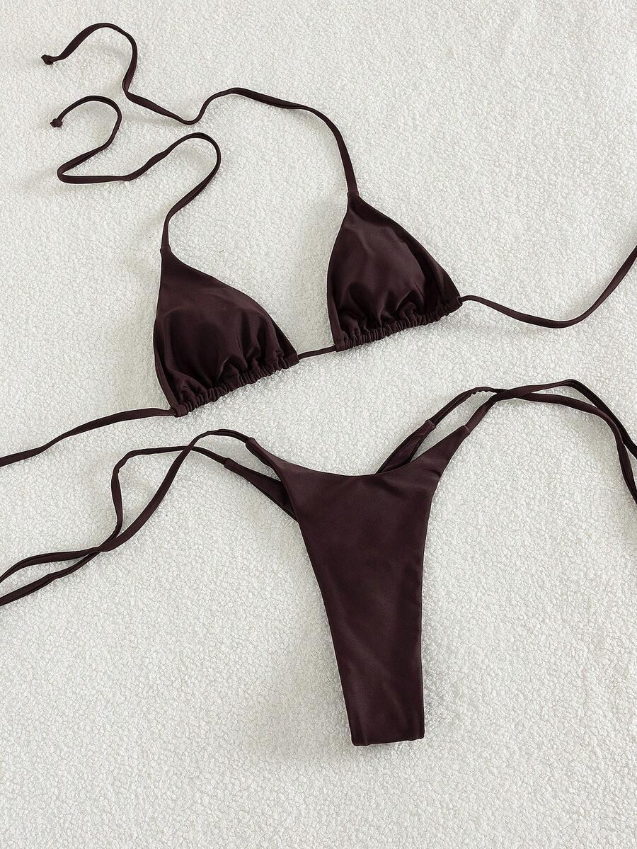 dwuczęściowy brązowy wiązany komplet bikini