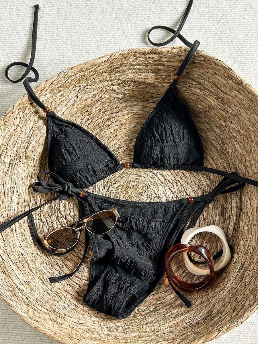 czarny wiązany kostium bikini tekstura komplet