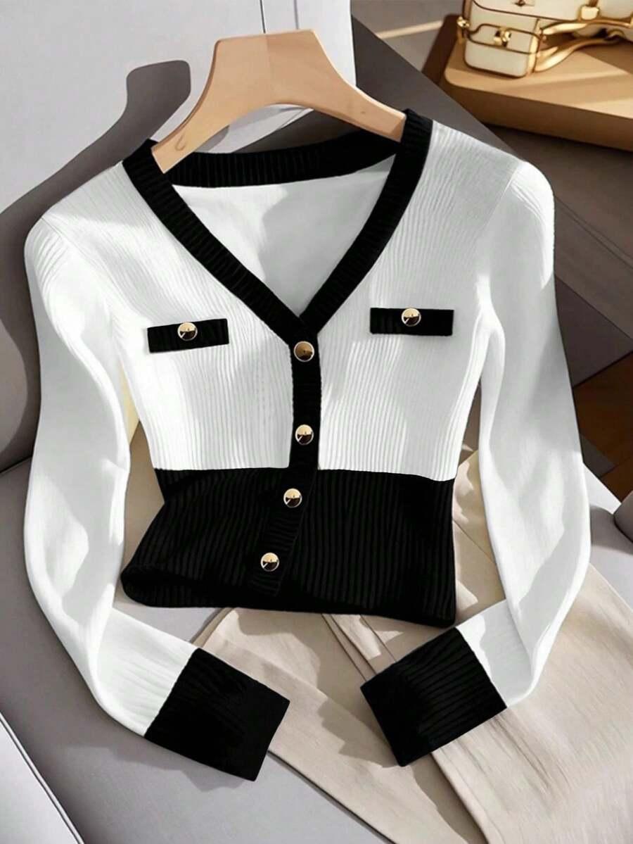 bluzka guziki v-neck kontrast