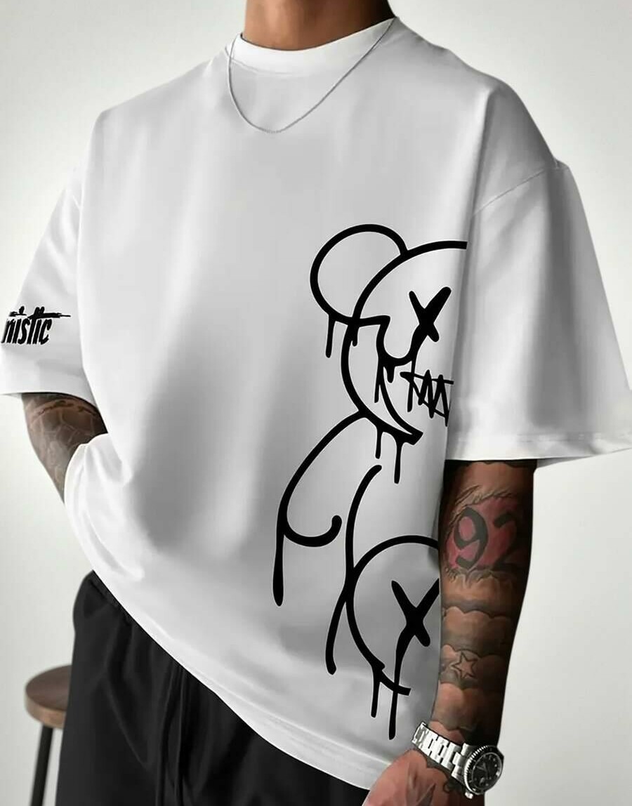 BIAŁY T-SHIRT OKRĄGŁY DEKOLT NADRUK