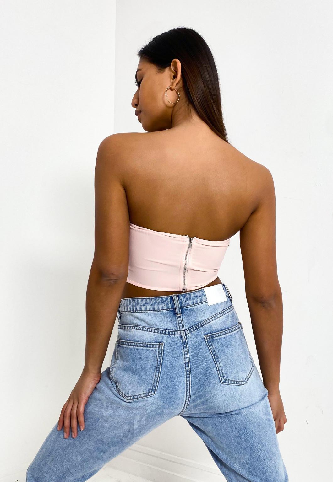 RÓŻOWY gorsetowy CROP TOP bez rękawów