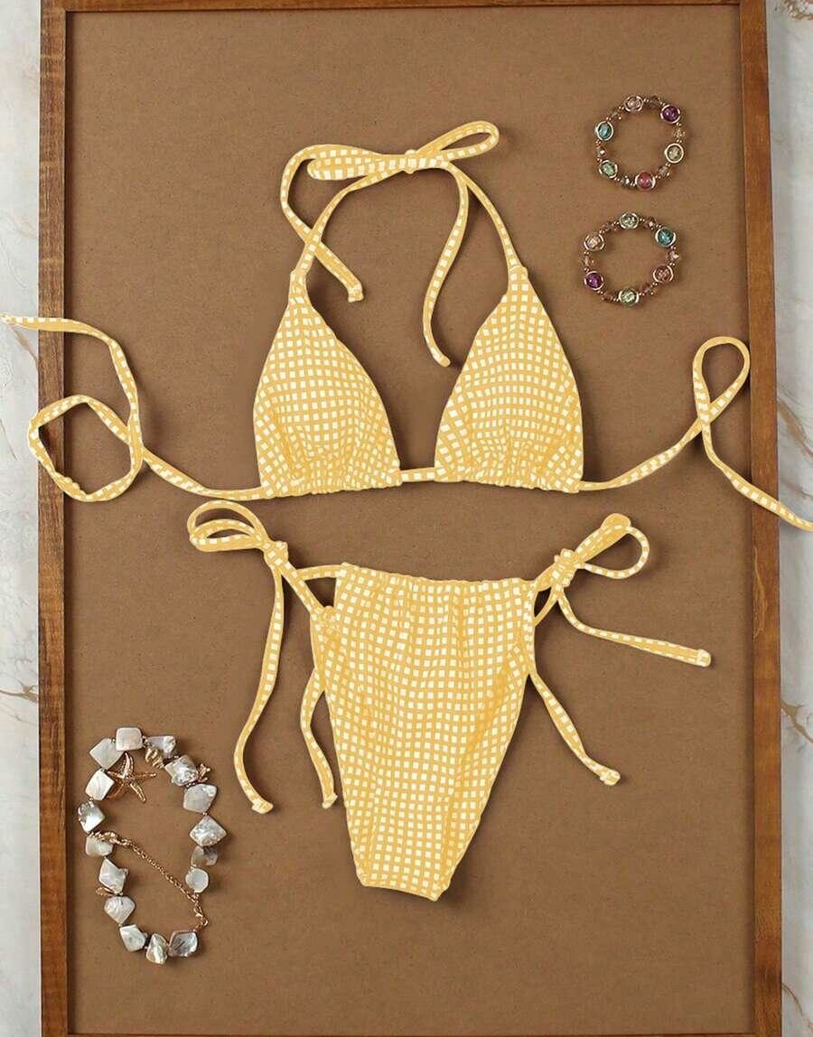żółty komplet bikini wzór kratka