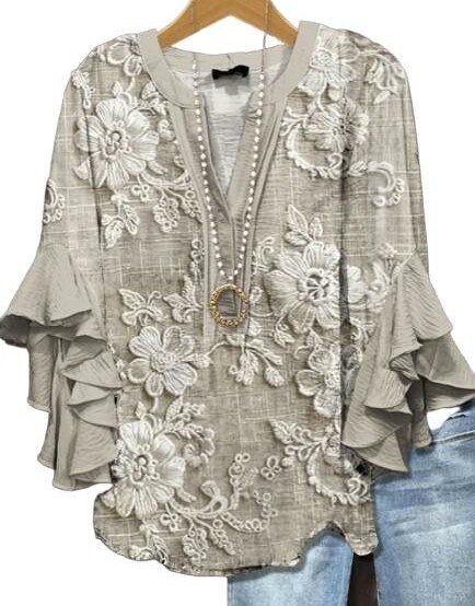 bluzka rękaw 3/4 wzór kwiaty v neck
