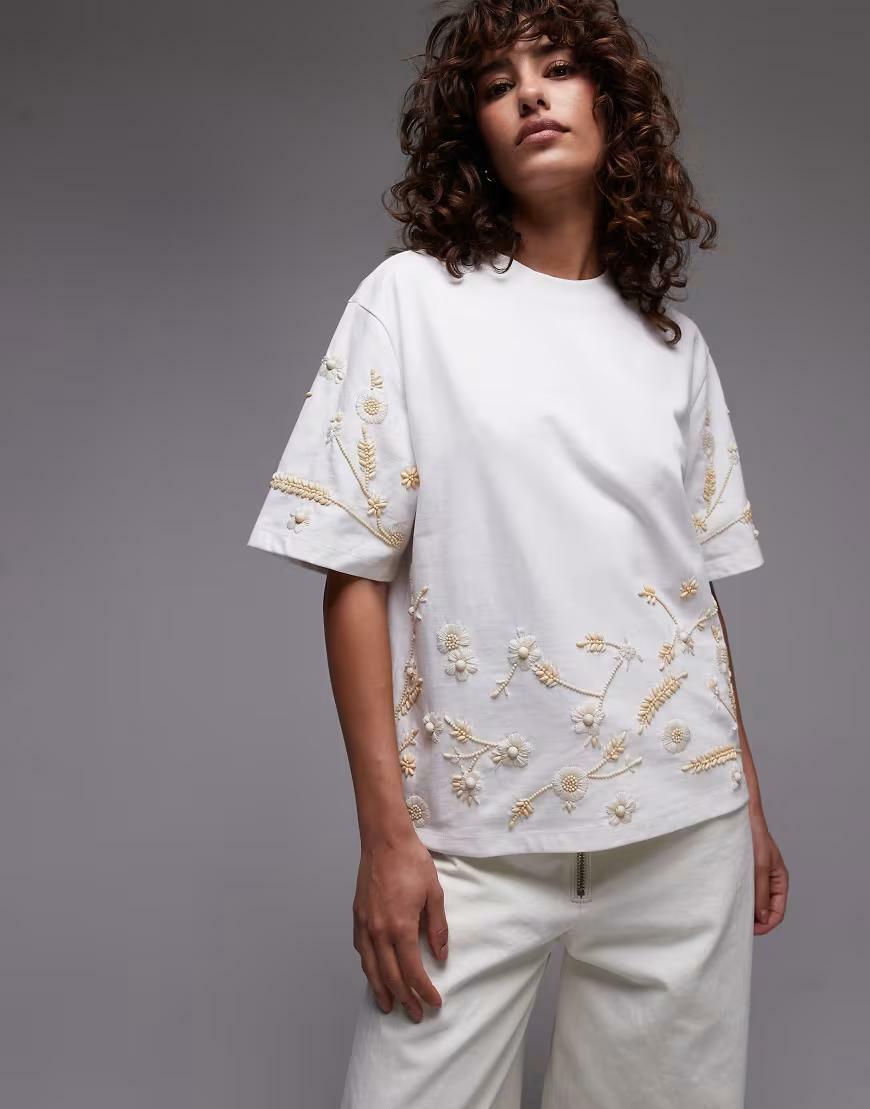 BIAŁY T-SHIRT HAFT ZDOBIENIE