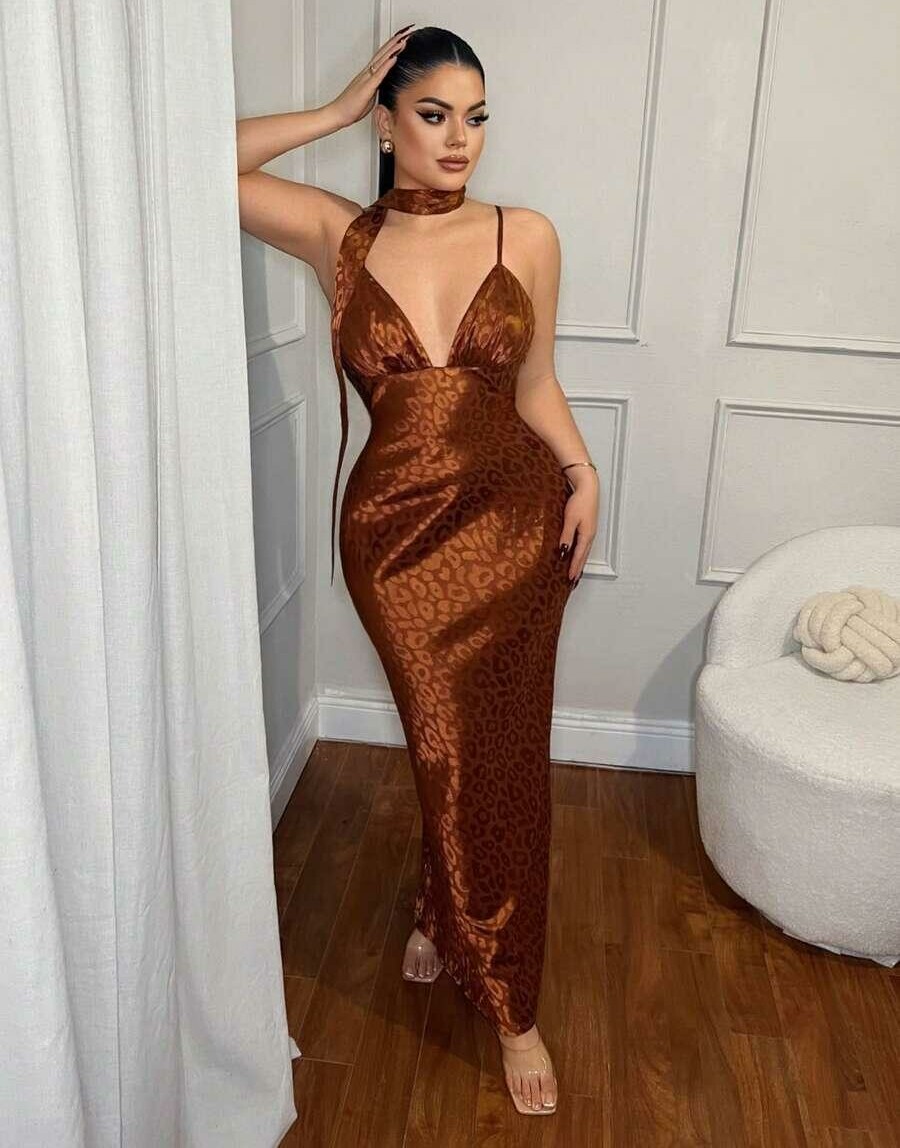 BRĄZOWA MAXI SUKIENKA ANIMAL PRINT