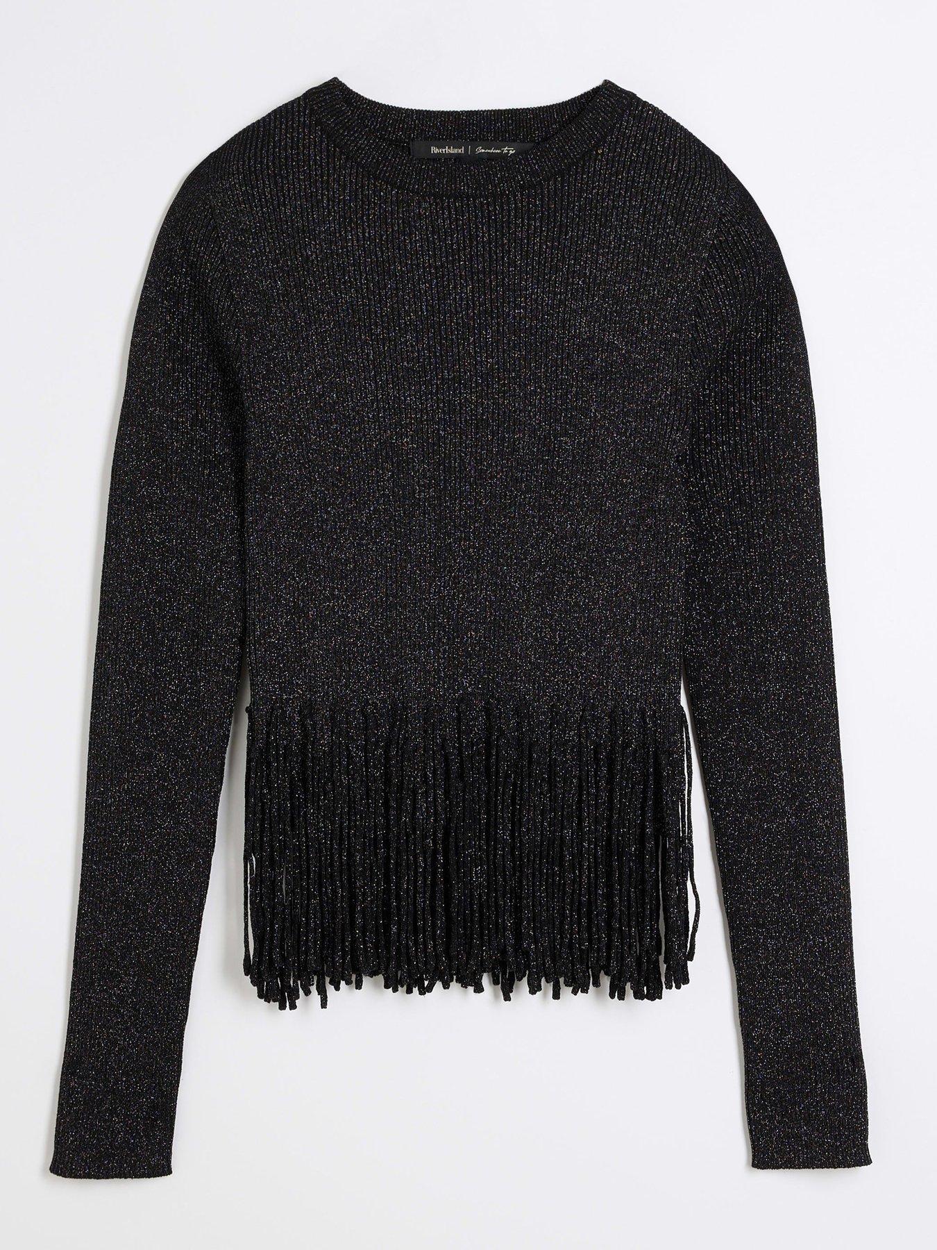 RIVER ISLAND SWETER Z BŁYSZCZĄCĄ NICIĄ I FRĘDZLAMI