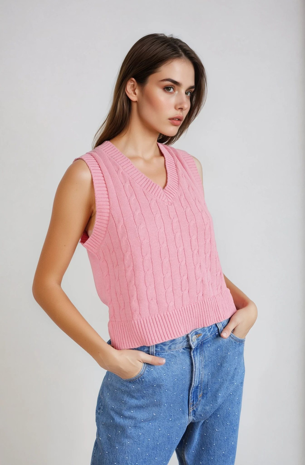 RÓŻOWA KAMIZELKA V-NECK SPLOT