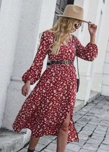 midi sukienka wzór kwiaty v neck rozcięcie 