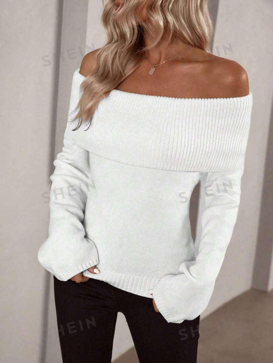 BIAŁY DZIANINOWY SWETER ODKRYTE RAMIONA