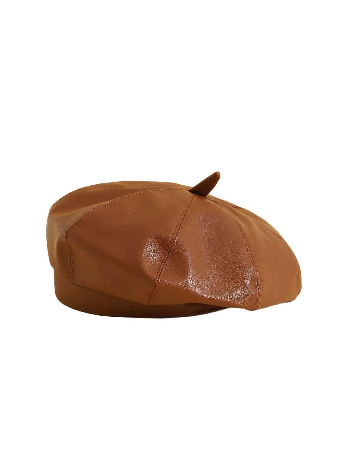 brązowy beret imitacja skóry
