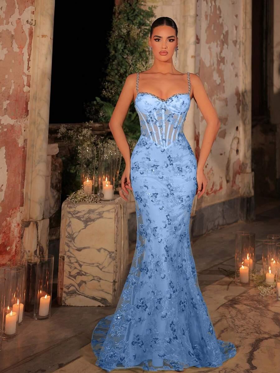 NIEBIESKA MAXI SUKIENKA ZDOBIENIE 