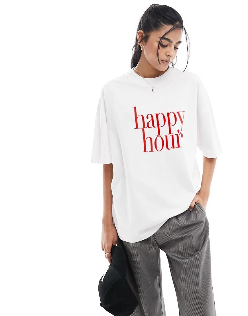 BIAŁY T-SHIRT NAPIS HAPPY HOUR