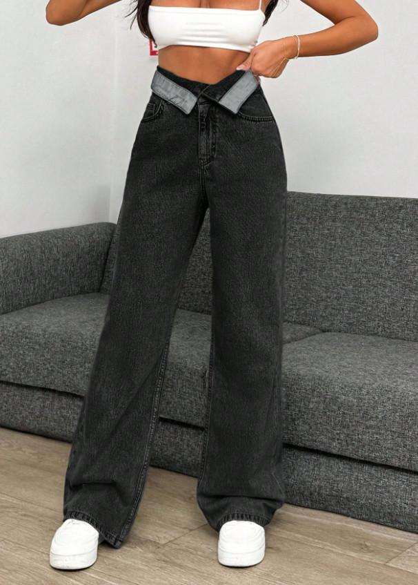 CZARNE SPODNIE JEANS kontrast 