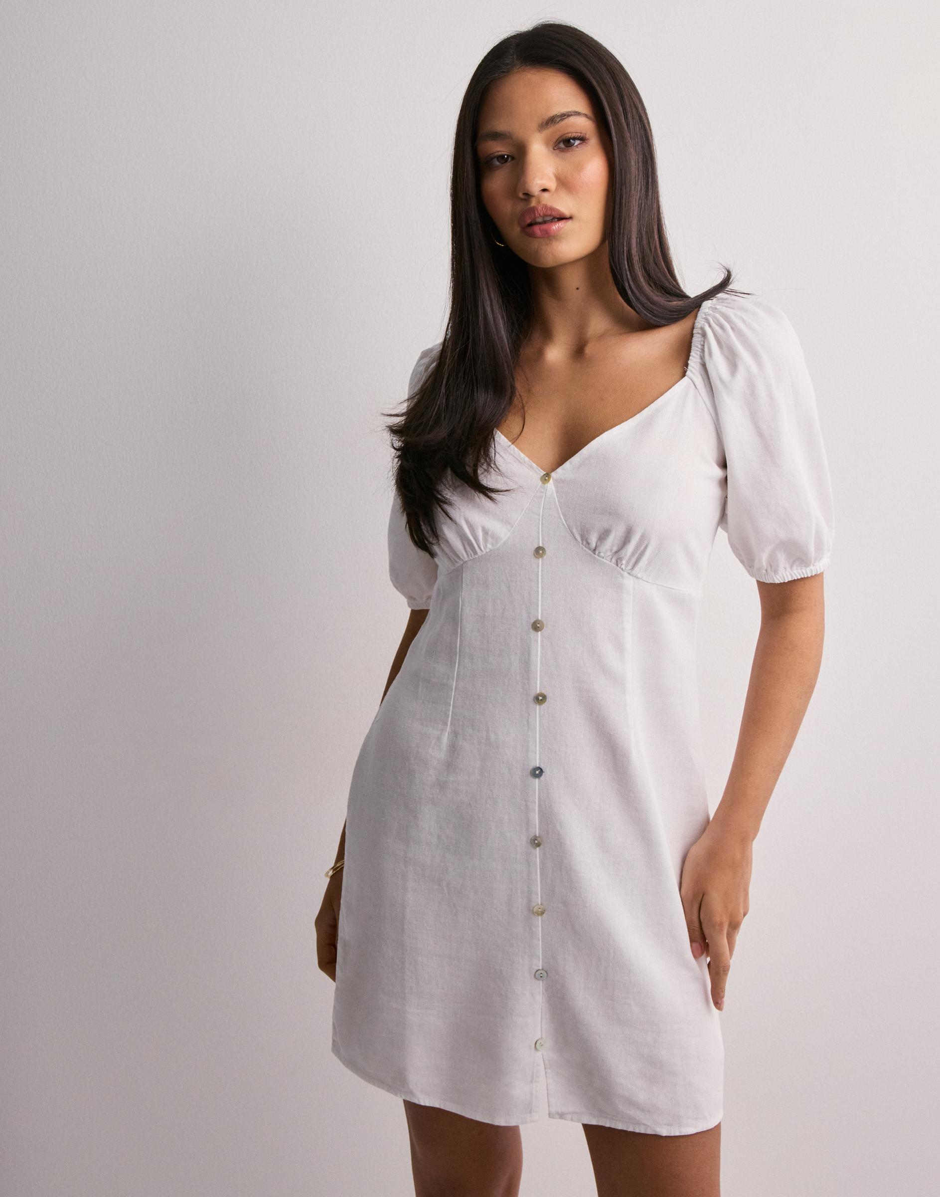 biała mini sukienka v neck guziki len
