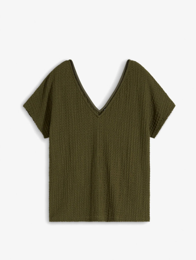 KHAKI T-SHIRT OVERSIZE V-NECK TEKSTURA 