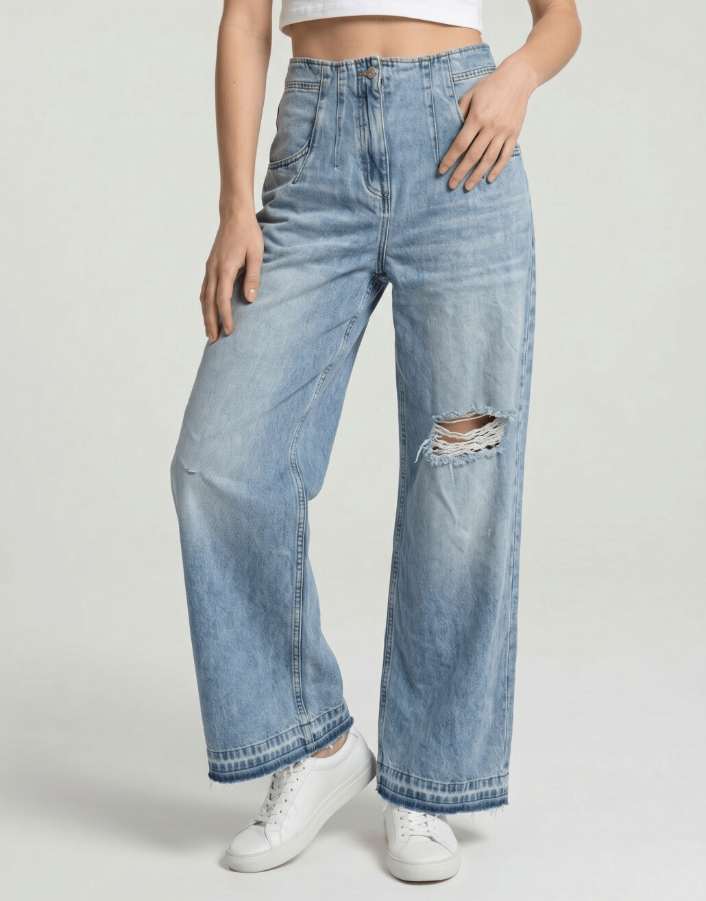 SPODNIE WYSOKI STAN JEANS OZDOBNE SZWY PRZETARCIA