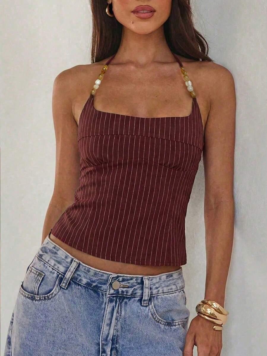 bordowy top w paski