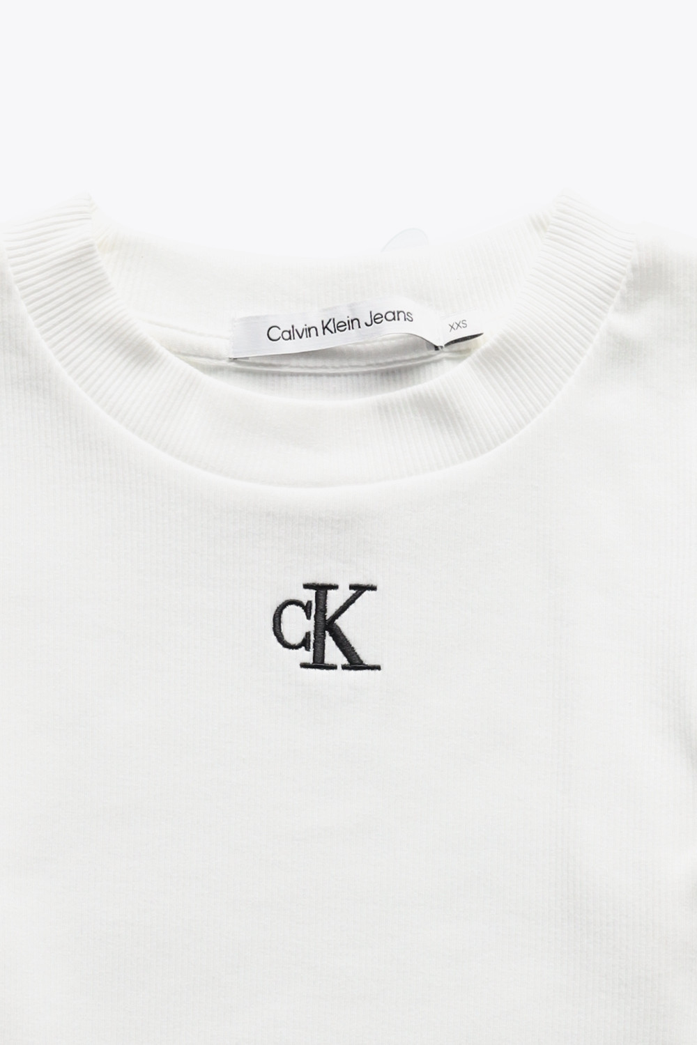 biały krótki t-shirt w prążki logo haft