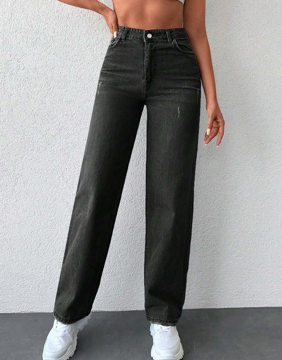 spodnie jeans proste nogawki wysoki stan ripped