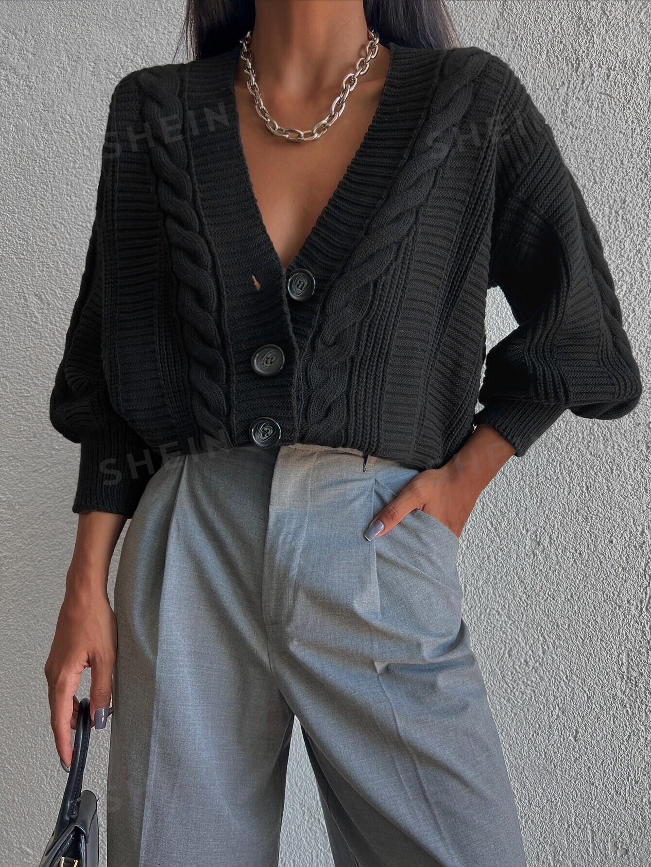 CZARNY DZIANINOWY SWETER V-NECK