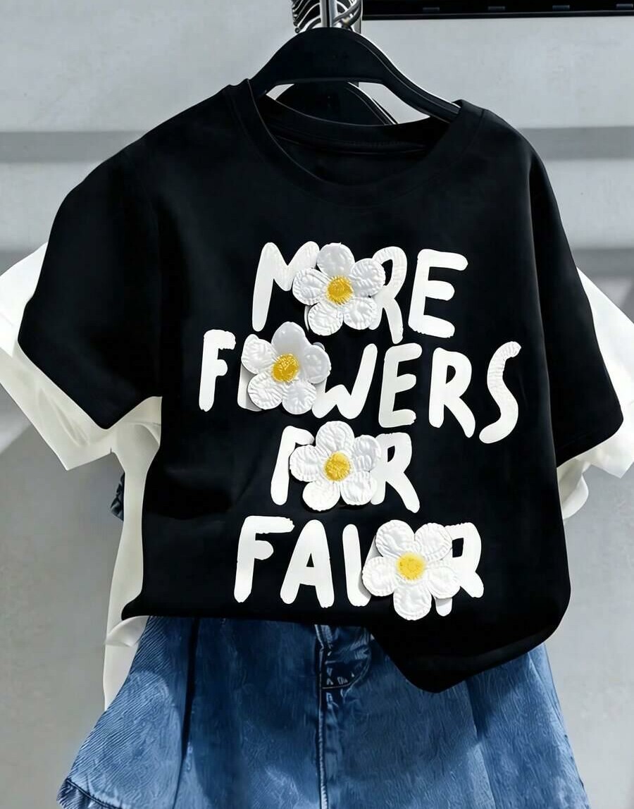 czarna bluzka nadruk kwiaty 3d