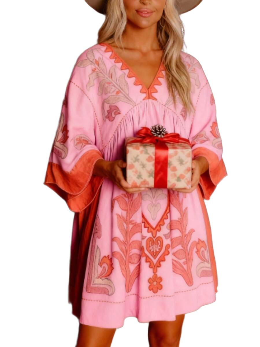 SUKIENKA OVERSIZE V-DEKOLT ORIENTALNY WZÓR 3/4 RĘKAW